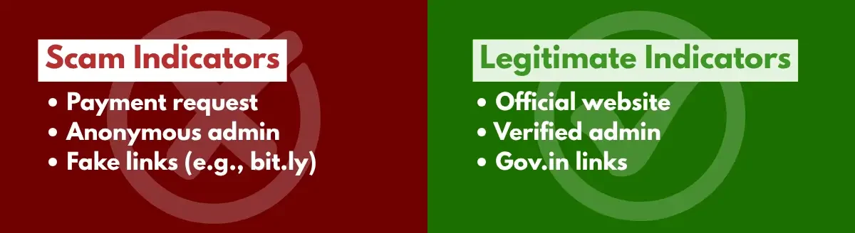 Comparison showing red flags of fake WhatsApp job groups vs legitimate groups with verified admins