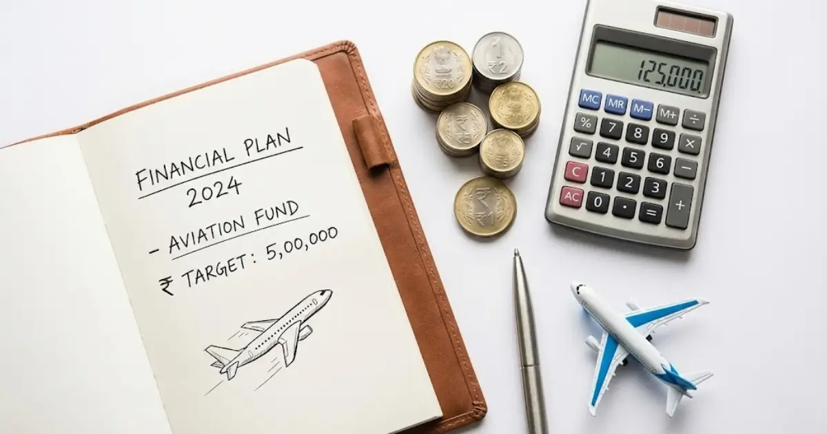 A desk setup with a calculator, Indian Rupee coins, and a miniature airplane used to calculate the breakdown of total cabin crew salary and flying allowances.