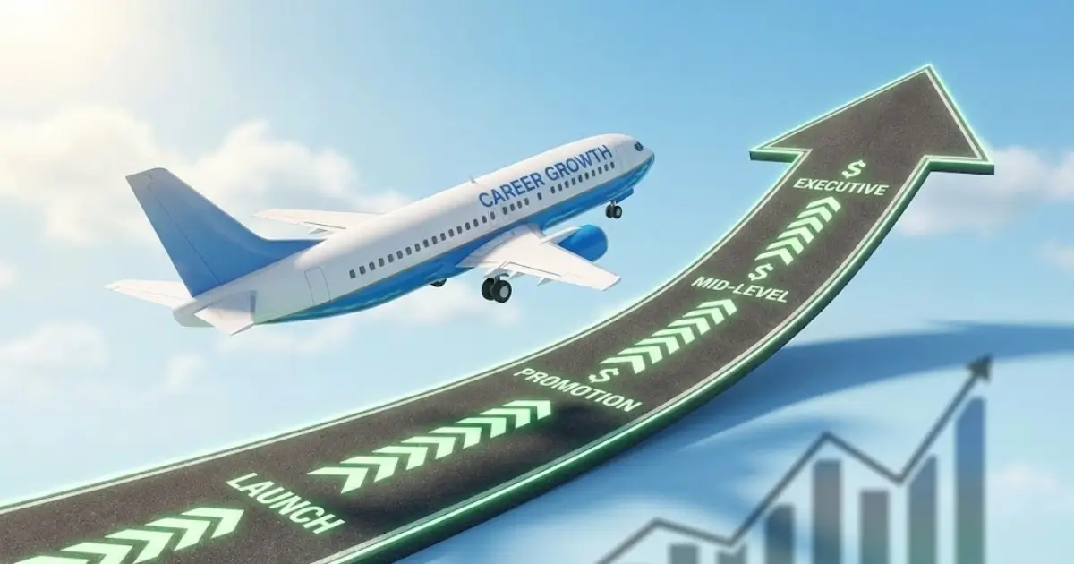 3D illustration of an airplane taking off on an upward financial graph, symbolizing the increase in cabin crew salary with experience and seniority.