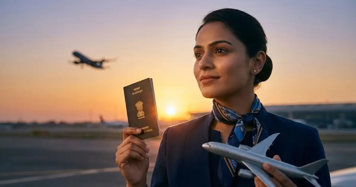 Professional Indian cabin crew member in uniform at an airport terminal, representing career growth and cabin crew salary trends in India for 2026.